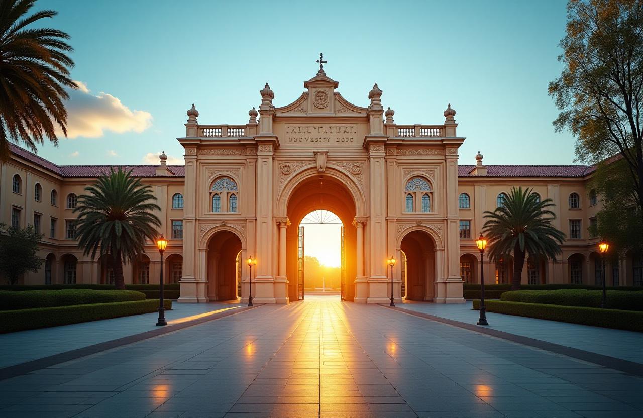 An inspiring view of a prestigious international university's main gate with an Art Deco geometric overlay.
