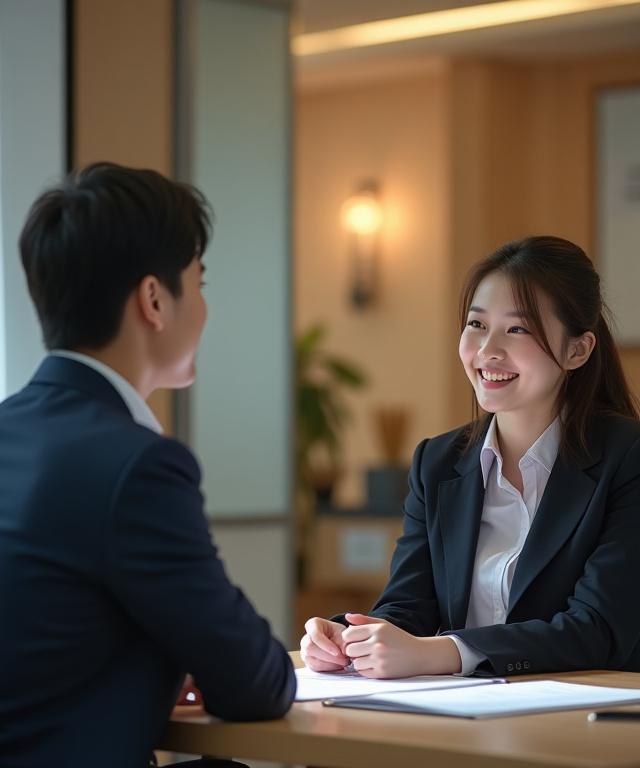 A professional and friendly consultant from Hwanggeumgi Yuhak advising a student in a modern office.